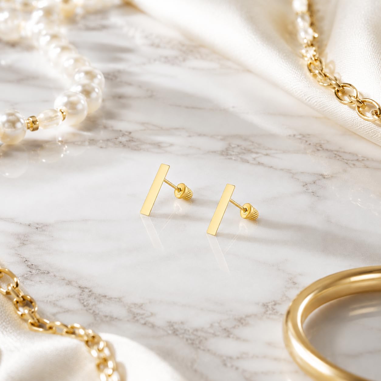 Real 14K Solid Gold Tiny Line Bar Stud Earrings for Women & Mom - Hypoallergenic for Sensitive Ears, Small & Minimalist Jewelry for Day Gifts