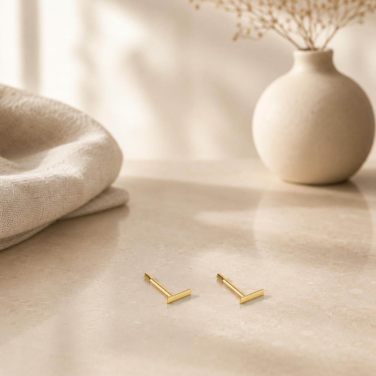 Real 14K Solid Gold Tiny Line Bar Stud Earrings for Women & Mom - Hypoallergenic for Sensitive Ears, Small & Minimalist Jewelry for Day Gifts